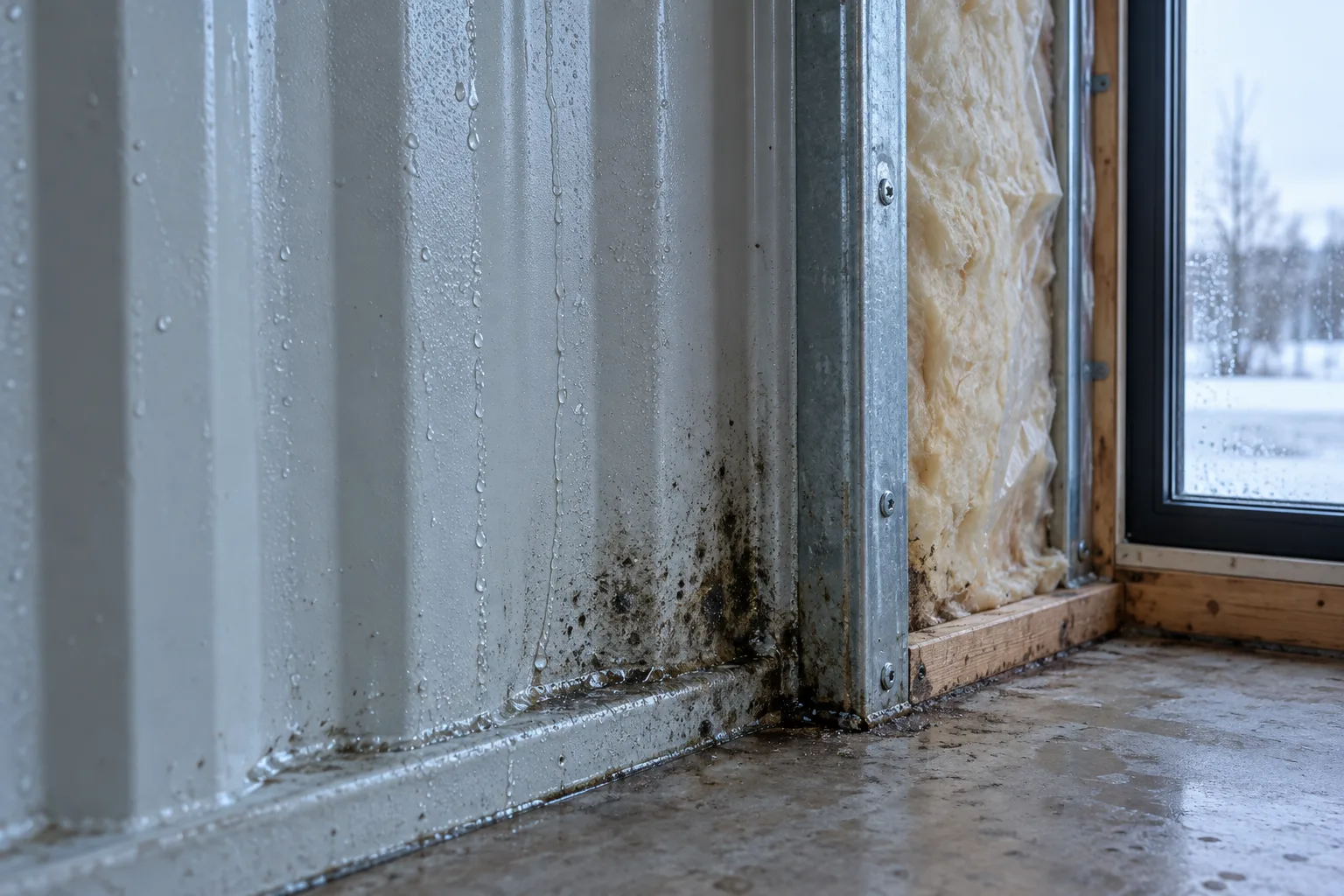 Illustration of condensation and early mould beside a cold metal frame