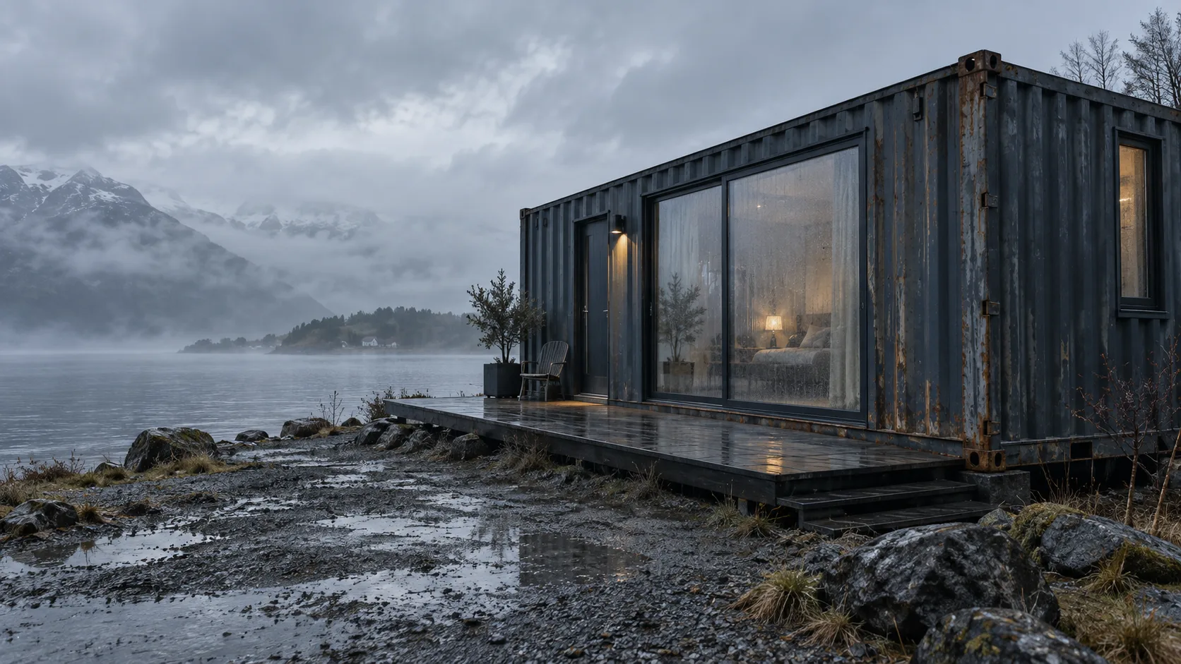 Converted shipping container used as a dwelling in a cold wet climate