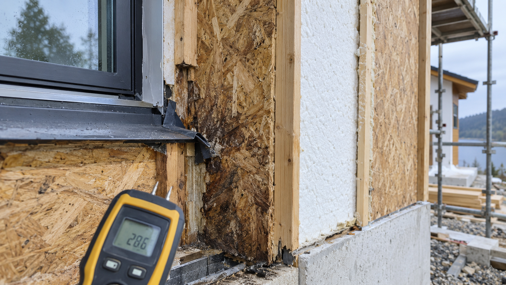 Inspection of moisture damage beside a window in a SIP wall