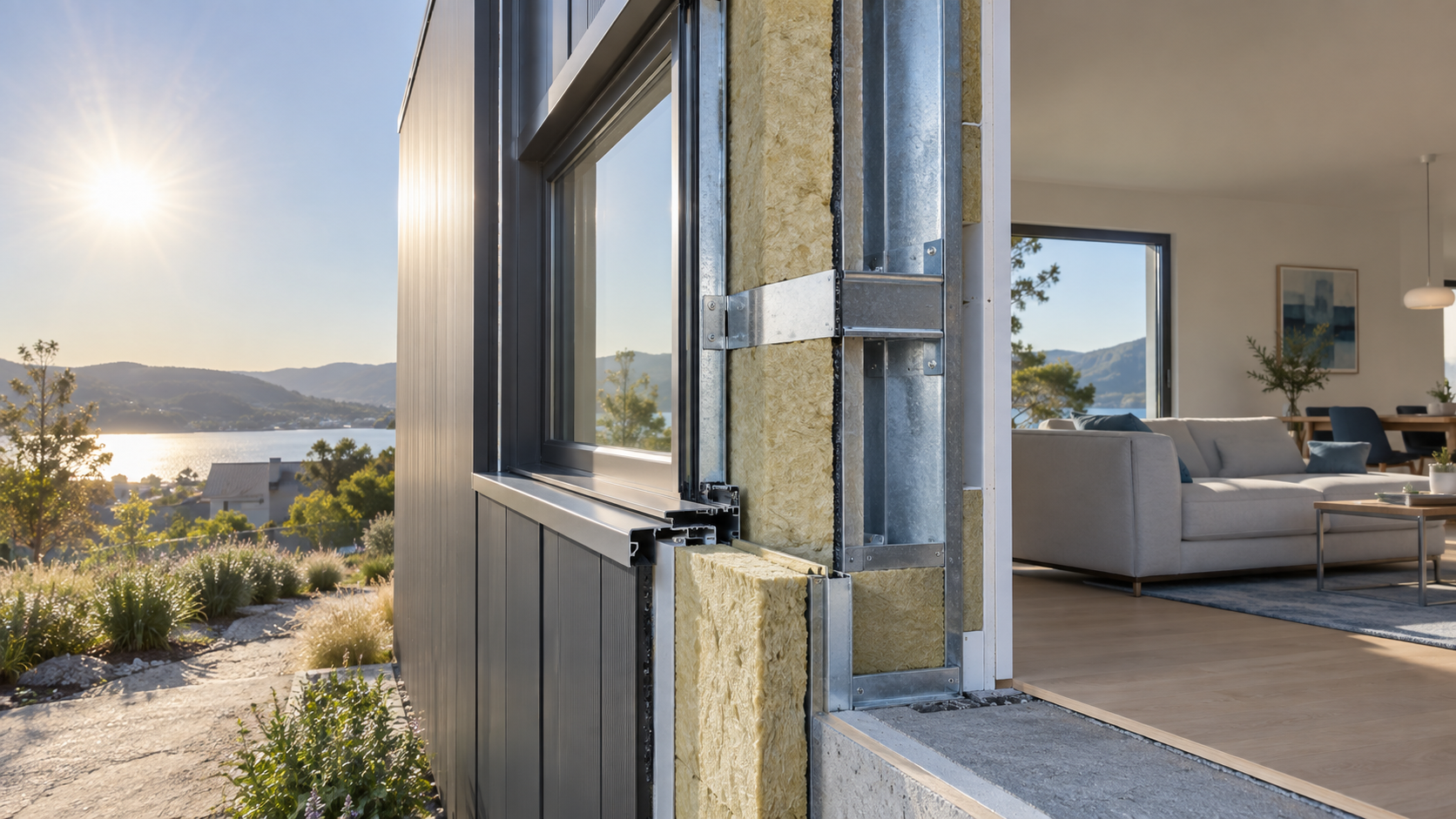 Steel modular wall cutaway with continuous insulation in summer sun