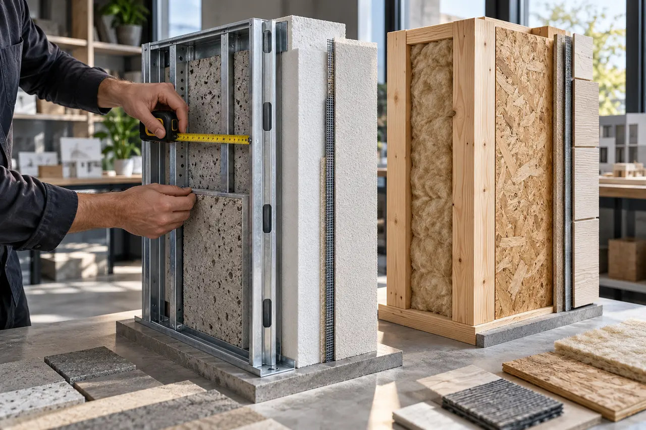 Steel and lightweight concrete compared with timber and OSB