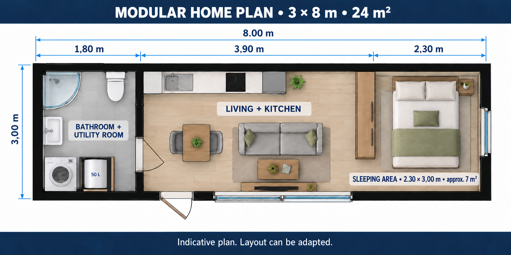 STUDIO 24 floor plan: bathroom, kitchen living room and sleeping area