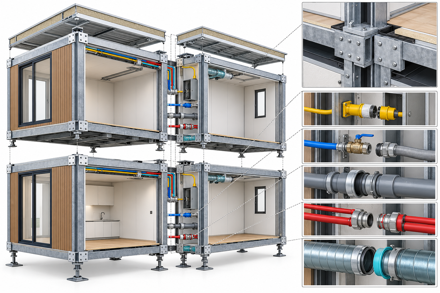 Illustrative engineering concept for structural and service connections between modules