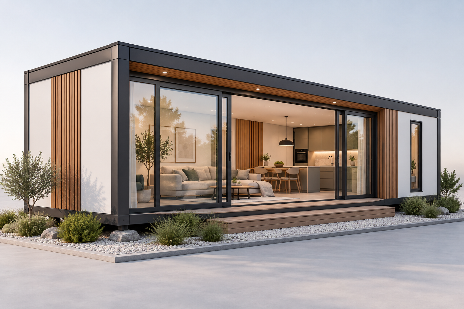 Illustrative open-plan living space in a modular home