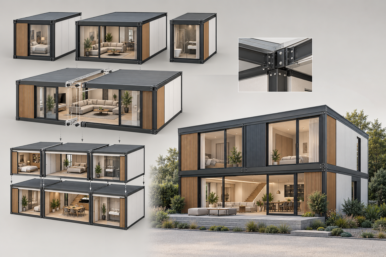 Illustrative concept of modular house units forming a two-storey home